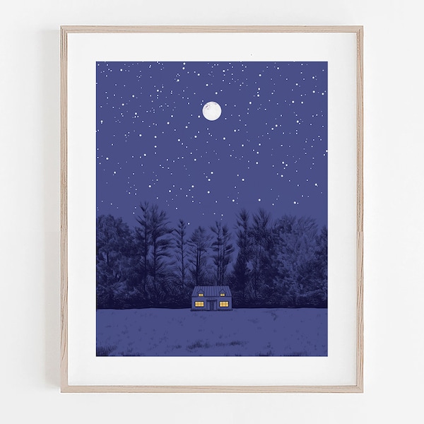 Thetford print, Vermont, Illustration, Stars, Moon, Night, Trees, Minimalism, Minimal, Home decor, Wall decor, 100% profits donated