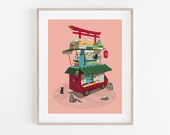 Stampa di un food truck di Tokyo: arte murale in stile giardino zen giapponese, illustrazione minimalista di viaggio in Giappone.