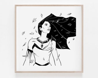 Stampa artistica in bianco e nero di Pocahontas, decorazione minimalista Disney per la casa.