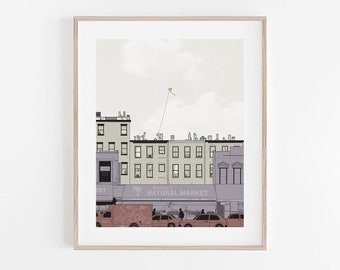 Stampa del mercato di Brooklyn: arte murale moderna con paesaggio urbano, illustrazione minimalista di una vetrina di New York.