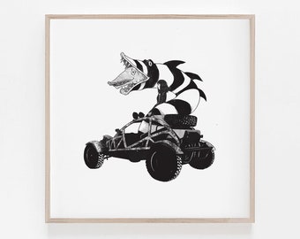 Stampa artistica di Beetlejuice Sandworm Dune Buggy: arredamento minimalista in bianco e nero