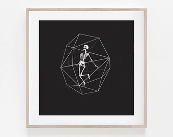 Stampa artistica di uno scheletro geometrico: decorazione murale minimalista ispirata a Metroid