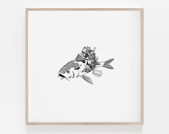 Stampa di pesce surreale: Subacqueo in movimento durante il giorno Arte in bianco e nero (arte digitale)
