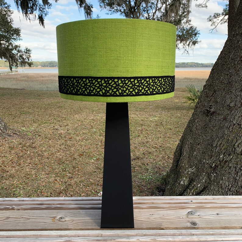 Contemporary Large Black Table Lamp And Custom Green With Trim Drum Shade