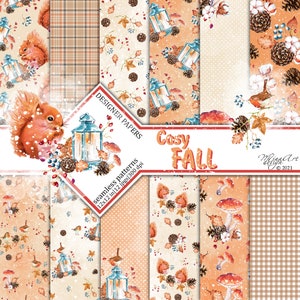 May include: A set of 12 digital papers featuring a cozy fall theme with illustrations of squirrels, birds, mushrooms, lanterns, pine cones, and leaves. The papers are seamless and come in a 12x12 inch size at 300 dpi.