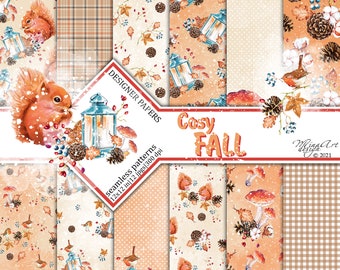 Fall Digital Papers, Enchanted Forest, Planner Stickers, Wonderland Autumn, Cute Animals, Cozy Fabrics, Seamless Surface Patterns, Lantern