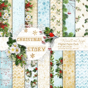 May include: A digital paper pack with 14 Christmas themed patterns. The patterns feature snowflakes, holly, berries, and a robin on a branch. The text "Christmas Story" is in gold lettering on a white background.