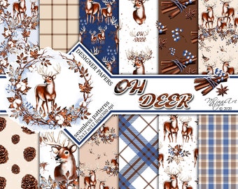 Woodland Digital Papers, Winter Fairy Tale, Enchanted Forest, Deer Planner Stickers, Fall Background, Stag, Antler, Fabric Seamless Patterns