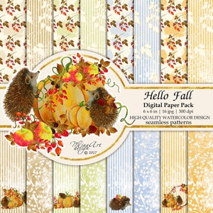 Papiers Numériques D'automne, Stickers Pour Agenda Automne, Hérisson Mignon, Récolte, Motifs De Surface Sans Couture, Arrière-plans Aquarelle, Citrouilles, Pommes