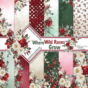 May include: A set of 12 digital paper designs featuring a watercolor floral pattern with red and white roses, green leaves, and red berries. The papers are 12 inches by 12 inches and 300 dpi. The title of the set is "Where Wild Roses Grow".