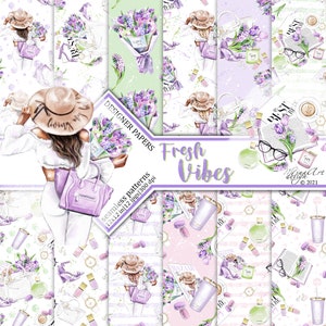 Fashion Girl Digital Papers, Modelli senza cuciture in tessuto, Outfit estivo, Adesivi per planner, Blog di bellezza, Scarpe, Borse, Fiori primaverili, Profumo