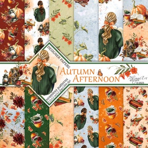 Könnte beinhalten: Ein Set mit 12 digitalen Papieren, die eine Aquarell-Illustration einer Frau zeigen, die in einer herbstlichen Umgebung ein Buch liest. Die Papiere enthalten verschiedene herbstliche Elemente wie Kürbisse, Blätter, Teetassen und Schmetterlinge. Der Text "DESIGNER PAPERS AUTUMN AFTERNOON Seamless patterns 12x12 in 12 jpgs 300 dpi" ist im Bild enthalten.