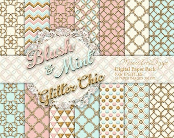 Blush Mint Digital Paper Pack Seamless Patterns Printable Planner Backgrounds Gold Glitter Pastel Pink Chevron Scrapbook Instant Download