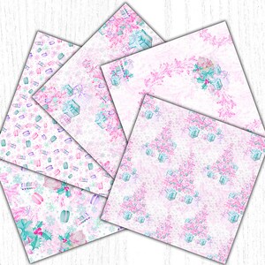 May include: A set of five digital paper designs featuring a winter wonderland theme. The papers feature a white background with pink and blue snowflakes, trees, and presents. The papers are perfect for scrapbooking, card making, and other crafting projects.