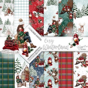 Winter Digitale Papiere, Weihnachten, Mode, Planer Aufkleber, Seamless, Oberflächenmuster, Berghütte, Gemütliches Winterland, Stoffe, Couture