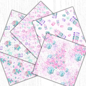 May include: A set of five digital paper designs featuring a watercolor style with pink, blue, and white colors. The designs include a pattern of snowflakes, presents, and macarons.