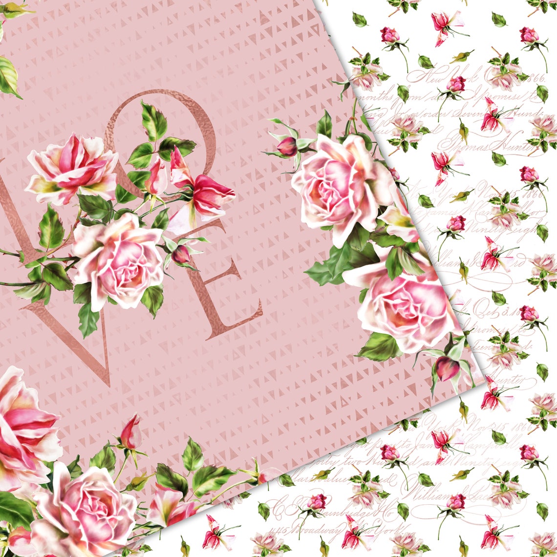 Wedding Digital Papers, Pink Roses, Seamless Patterns, Planner Stickers ...