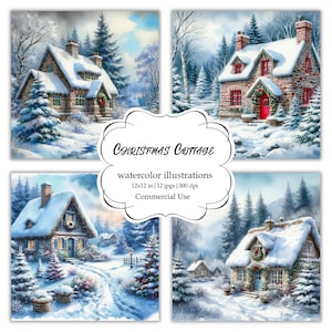 Imágenes prediseñadas de cabañas navideñas, documentos digitales navideños, ilustraciones en acuarela, escenas navideñas, decoración de invierno, diario basura, uso comercial