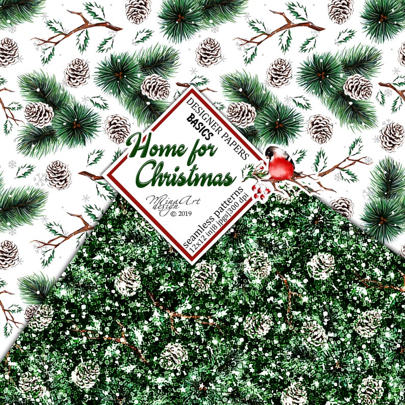 Christmas Digital Papers, Winter Basic Papers, Planner Stickers, Watercolor Backgrounds, Fabrics, Seamless Patterns, Wallpapers, snowflakes, pine cones