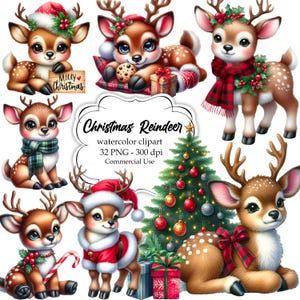 32 cliparts renne de Noël, mignon cerf de Noël PNG, clipart Noël aquarelle, renne du père Noël, sublimation, usage Commercial