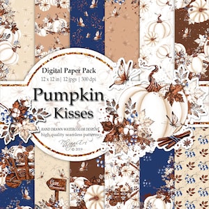 May include: Digital paper pack with 12 seamless patterns featuring pumpkins, butterflies, leaves, and berries in shades of brown, cream, blue, and gold. The text "Pumpkin Kisses" is featured in a gold circle.