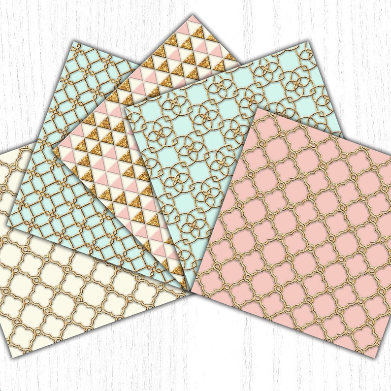Blush Mint Digital Paper Pack Seamless Patterns Printable Planner Backgrounds Gold Glitter Pastel Pink Chevron Scrapbook Instant Download image 3