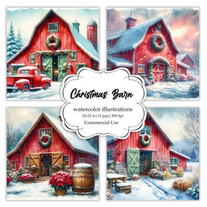 May include: Four watercolor illustrations of a red barn decorated for Christmas. The barn is covered in snow and has a wreath on the door. The illustrations include a red truck, a poinsettia plant, and a barrel.