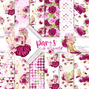 Papeles digitales de París, chica de moda, estilo francés chic, parisino, pegatinas para agenda, atuendos de verano, patrones de superficies sin costuras, telas bonitas, perfumes