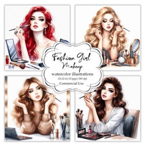 Clipart Fashion Girl, Clipart Makeup, Ilustracje akwarelowe, Piękno, Kosmetyki, Perfumy, Szminka, Cień do powiek, Planner, Użytek komercyjny