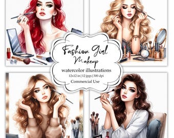 Fashion Girl Clipart, Makeup Clipart, Watercolour Illustrations, Beauty, Cosmetics, Perfume, Lipstick, Eyeshadow, Planner, Commercial Use