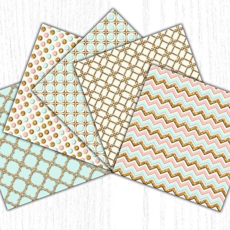 Blush Mint Digital Paper Pack Seamless Patterns Printable Planner Backgrounds Gold Glitter Pastel Pink Chevron Scrapbook Instant Download image 4