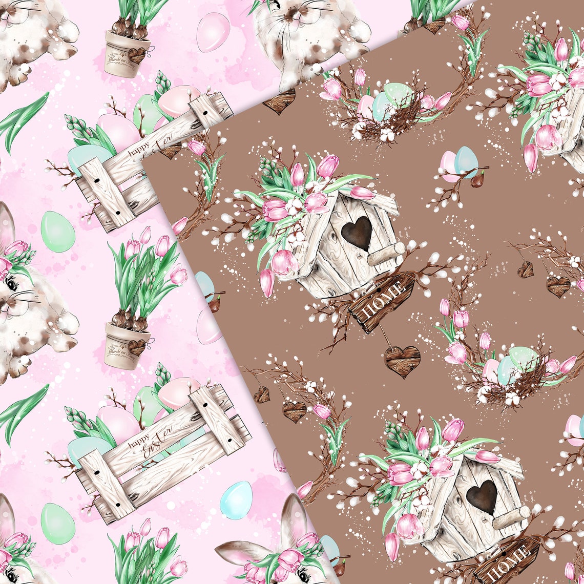 Easter Digital Papers Hand Drawn Illustrations Spring Watercolor ...
