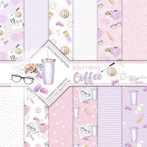 Morning Coffee Digital Papers, Fashion Girl, Make-up, Magazine, Planner Stickers, Latte, Naadloze Oppervlakte Patronen, Beauty Blog, Cosmetica
