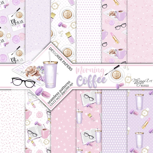 Morning Coffee Digital Papers, Fashion Girl, Maquillage, Magazine, Planner Stickers, Latte, Seamless Surface Patterns, Blog beauté, Cosmétiques