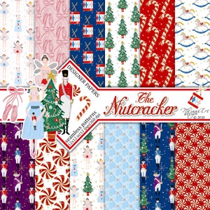 Balé quebra-nozes, papéis digitais de Natal, adesivos de planejador de inverno, bailarina, padrões de tecido sem costura, fundos de aquarela, árvore de Natal