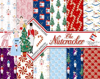 Nussknacker Ballett, Weihnachten Digitale Papiere, Winter Planer Aufkleber, Ballerina, Nahtlose Stoffmuster, Aquarell Hintergründe, Weihnachtsbaum