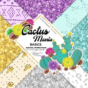 May include: Digital paper pack with eight 12x12 inch cactus themed designs. The designs feature glitter textures in gold, silver, purple, turquoise, and white. The text "Cactus Mania Basics" is featured in a gold glitter font.