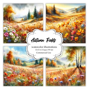 Könnte beinhalten: Vier Aquarell-Illustrationen von Herbstfeldern mit Wildblumen, Bäumen und blauem Himmel. Der Text "Autumn Fields" ist in einer dekorativen Schriftart mit den Worten "watercolor illustrations 12x12 in | 12 jpgs | 300 dpi Commercial Use" darunter.