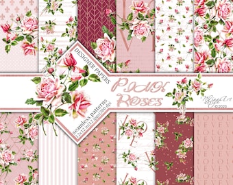 Pink Roses Digital Papers, Romantic, Seamless, Surface Patterns, Wedding, Planner Stickers, Vintage, Backgrounds, Valentine's Day, Fabrics