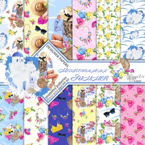 Papiers numériques d'été, Tenue de vacances, Fashion Girl, Grèce, Santorin, Méditerranéenne, Modèles Sans Couture, Stickers Pour Agenda, Vêtements De Plage