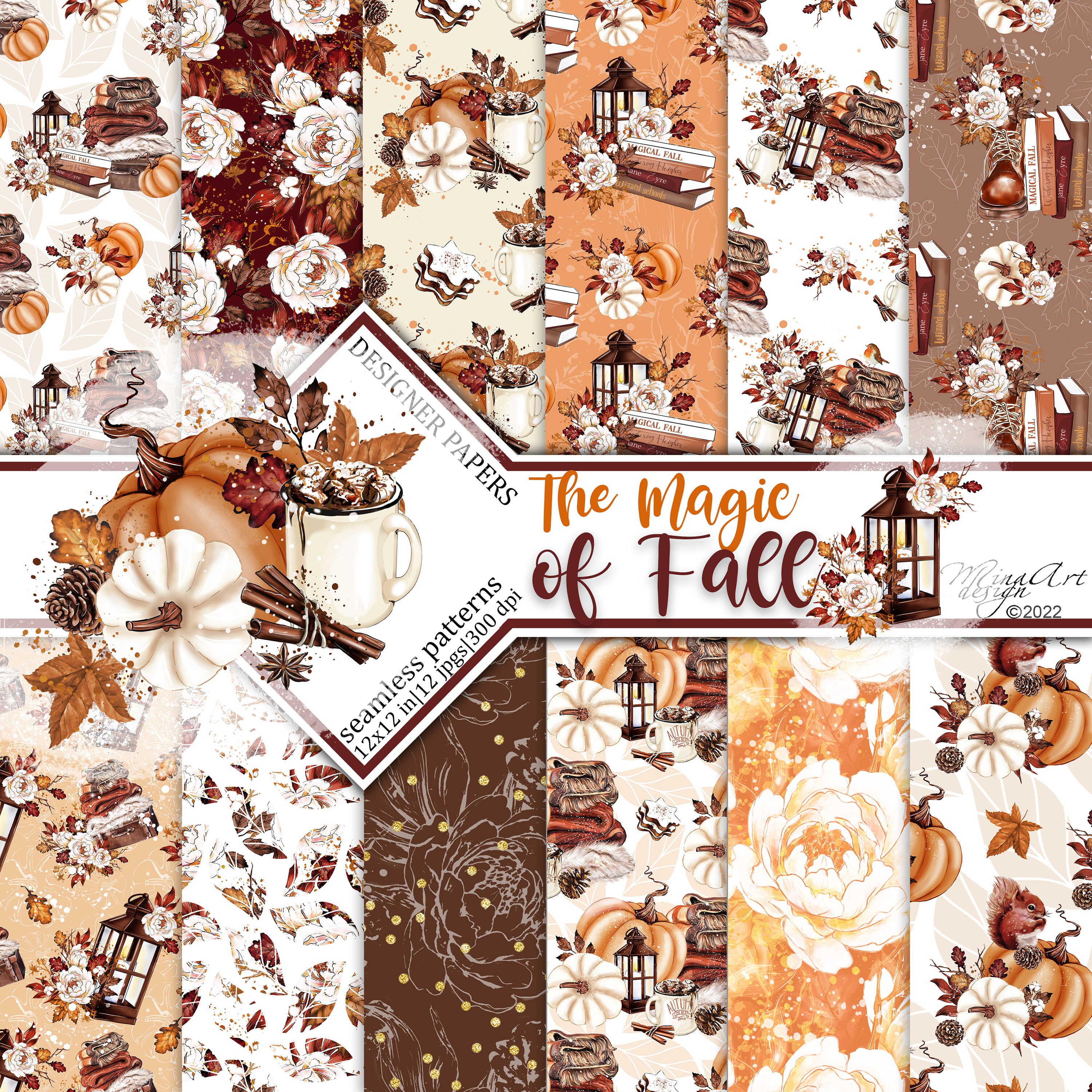 Fall Digital Papers,  Autumn, Planner Stickers, Seamless Surface Patterns, Pumpkin Spice Latte, Fabrics, Thanksgiving, Harvest, Watercolor