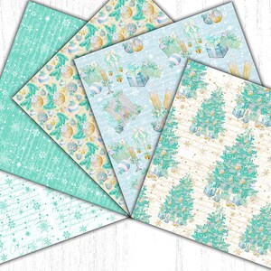 May include: Four digital paper designs featuring a winter holiday theme. The designs include a light blue background with white snowflakes, a cream background with gold ornaments and green pine branches, a light blue background with gold ornaments and green pine branches, and a cream background with a repeating pattern of green pine trees and gold ornaments.