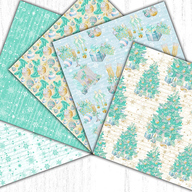 May include: Four digital paper designs featuring a winter holiday theme. The designs include a light blue background with white snowflakes, a cream background with gold ornaments and green pine branches, a light blue background with gold ornaments and green pine branches, and a cream background with a repeating pattern of green pine trees and gold ornaments.