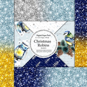 Könnte beinhalten: Digitales Papierpaket mit acht Designs zum Thema Weihnachts-Rotkehlchen. Die Designs beinhalten einen Blaumeise auf einem Zweig, eine Laterne, Schneeflocken und einen blau-weißen Glitzerhintergrund.