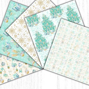 May include: A set of six digital paper designs featuring a winter wonderland theme. The papers feature a variety of patterns, including snowflakes, ornaments, and Christmas trees. The colors are a mix of white, blue, and gold.