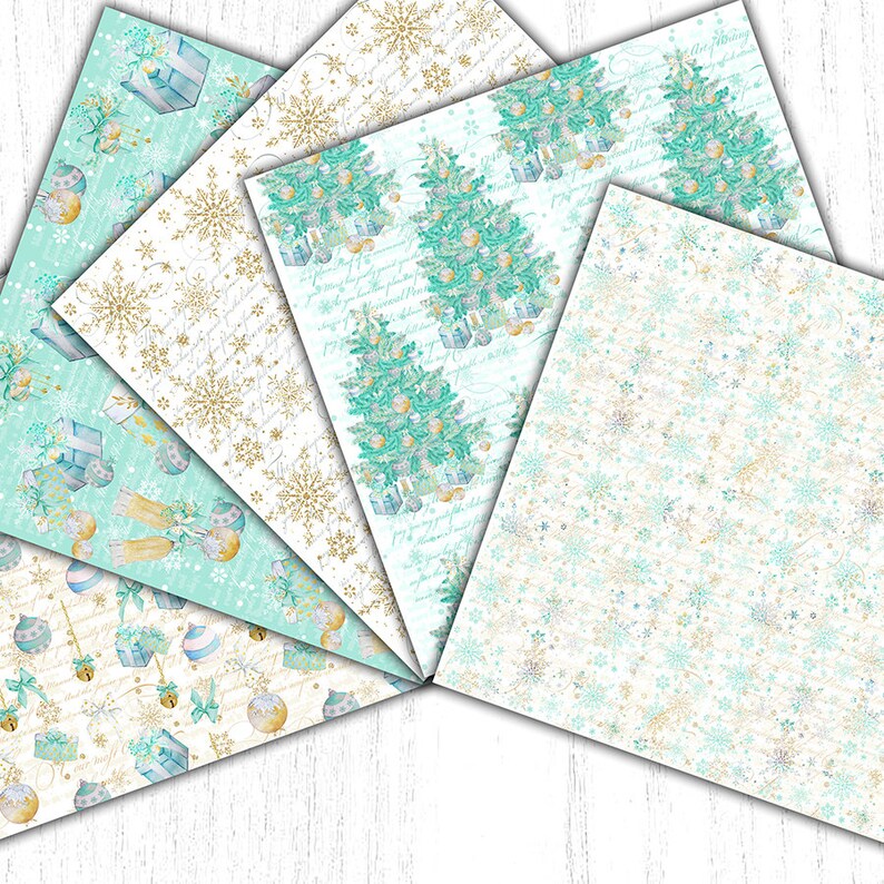 May include: A set of six digital paper designs featuring a winter wonderland theme. The papers feature a variety of patterns, including snowflakes, ornaments, and Christmas trees. The colors are a mix of white, blue, and gold.