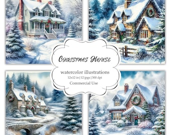 Christmas House Clipart, Christmas Digital Papers, Watercolor Illustrations, Christmas House, Winter Scenes, Junk Journal, Commercial Use