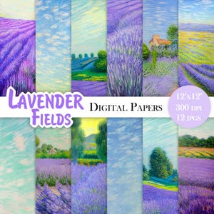 Imágenes prediseñadas de campo de lavanda, papel digital de lavanda, ilustraciones en acuarela, paisaje de lavanda, paisaje de verano, imágenes prediseñadas de Francia, uso comercial