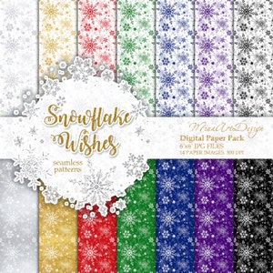 Snowflake Digital Papers, Winter Backgrounds, Traditional Christmas, Seamless Surface Patterns, Xmas Wallpapers, Seasonal, Silver Gold Foil
