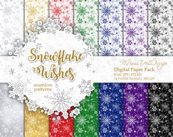 Schneeflocke Digitale Papiere, Winter Hintergründe, Traditionelle Weihnachten, Nahtlose Oberflächenmuster, Weihnachten Hintergrundbilder, Saisonal, Silber Gold Folie